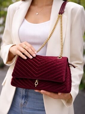Elegant Burgundy Velvet Shoulder Bag, Quilted Chain Strap Handbag, Chic Evening